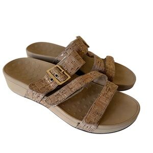 Vionic Cork-Pattern Tan Slide Sandals with Gold Buckle